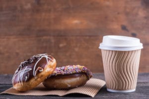 donuts and coffee in coffee shop